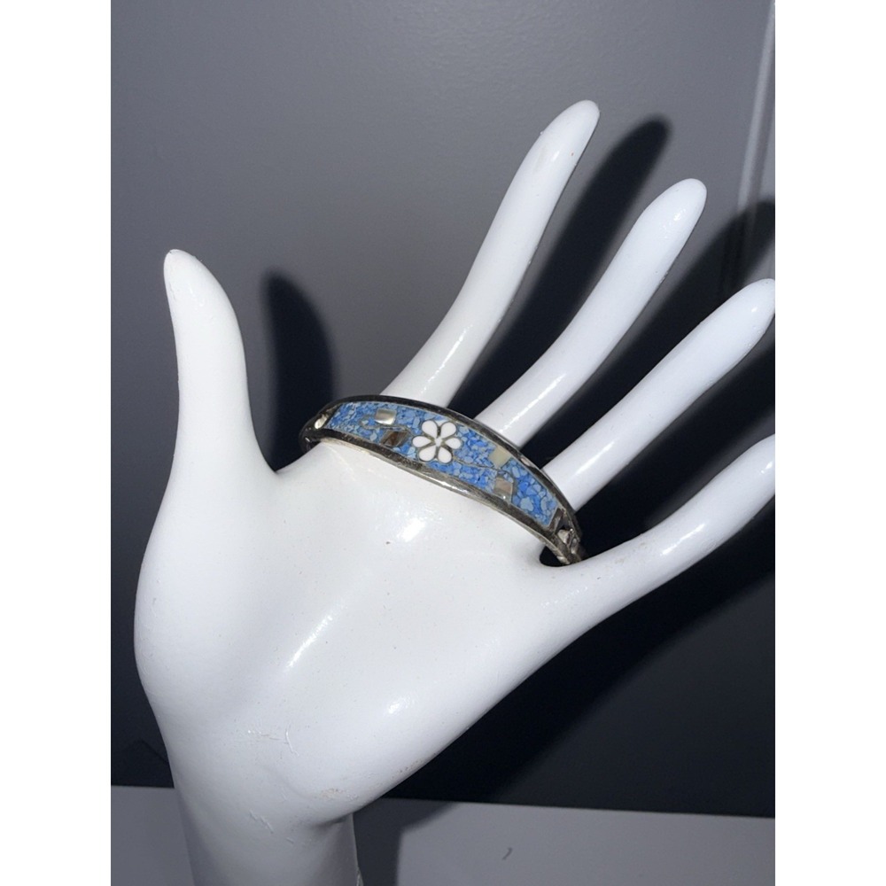VTG  Alpaca Mexico‎ Sterling Silver Bangle Bracelet Abalone Blue Flower Inlay 7"